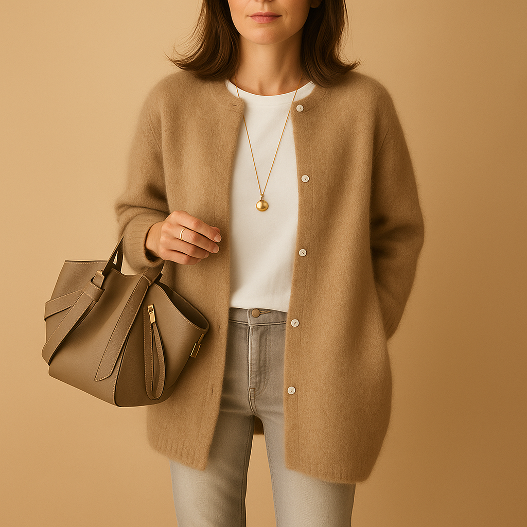 Women's buttoned knit cardigan with long sleeves and hip-length fit, perfect for office wear or casual layering.