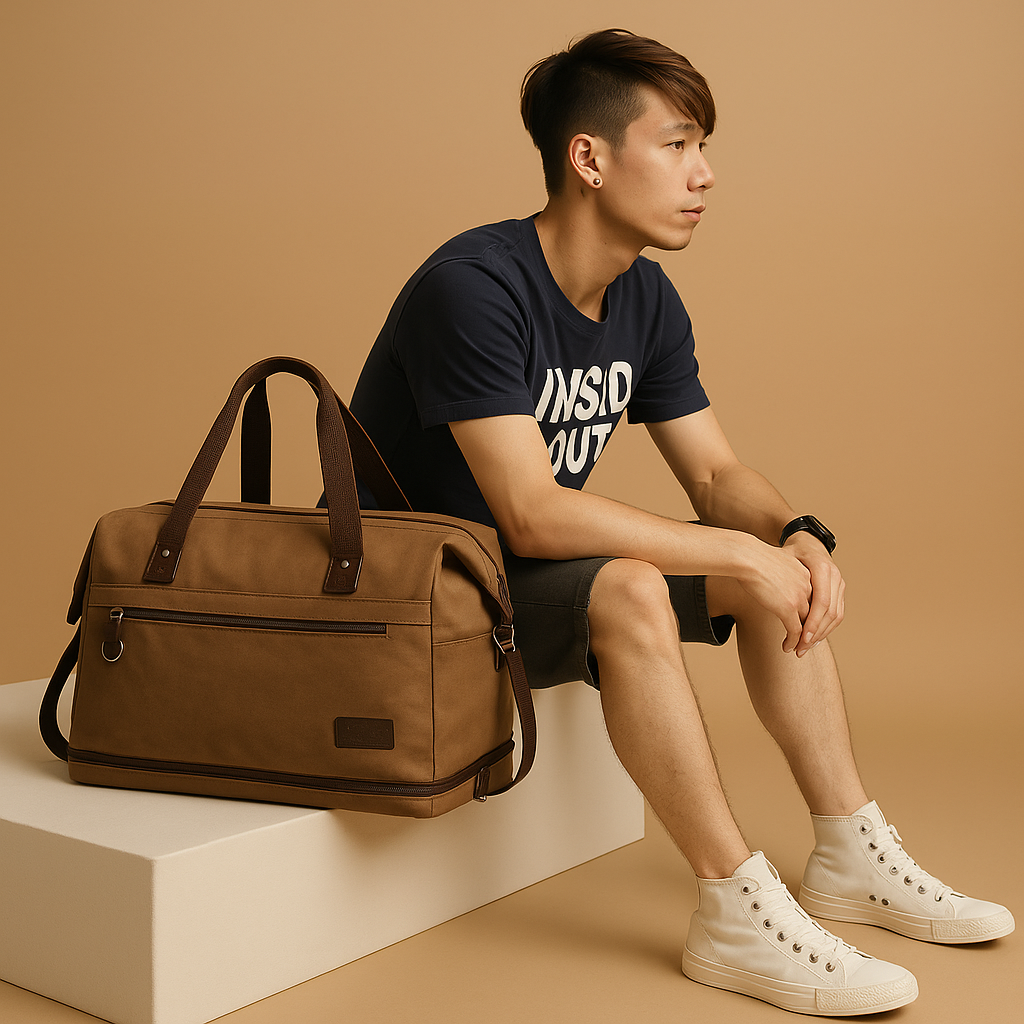 Canvas shoulder commuter bag for men with water-resistant fabric, padded gadget storage, anti-theft zippers, and adjustable strap for daily use.