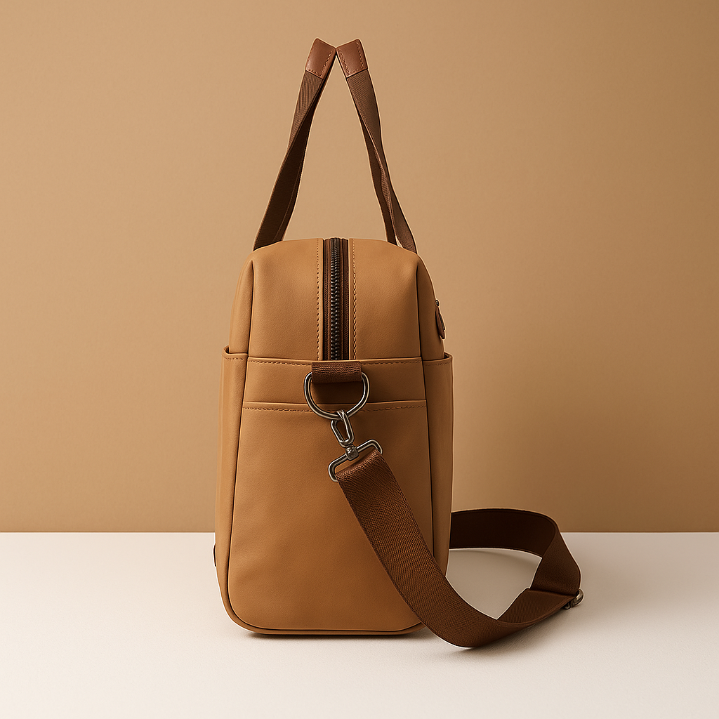 Canvas shoulder commuter bag for men with water-resistant fabric, padded gadget storage, anti-theft zippers, and adjustable strap for daily use.