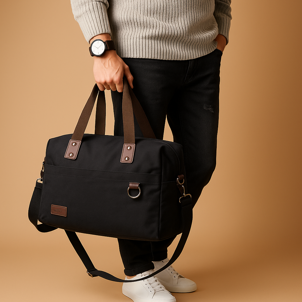 Canvas shoulder commuter bag for men with water-resistant fabric, padded gadget storage, anti-theft zippers, and adjustable strap for daily use.