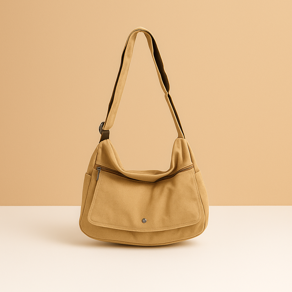 Canvas shoulder bag for women with roomy main compartment, outer pocket, and adjustable strap—ideal for work, travel, or daily use.