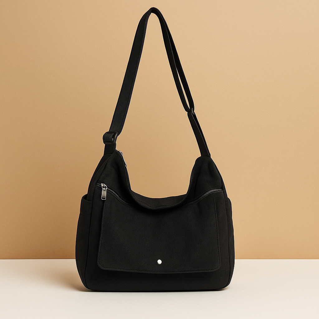 Canvas shoulder bag for women with roomy main compartment, outer pocket, and adjustable strap—ideal for work, travel, or daily use.