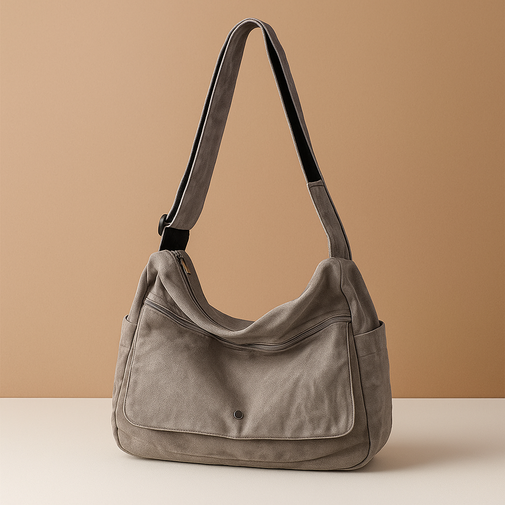 Canvas shoulder bag for women with roomy main compartment, outer pocket, and adjustable strap—ideal for work, travel, or daily use.