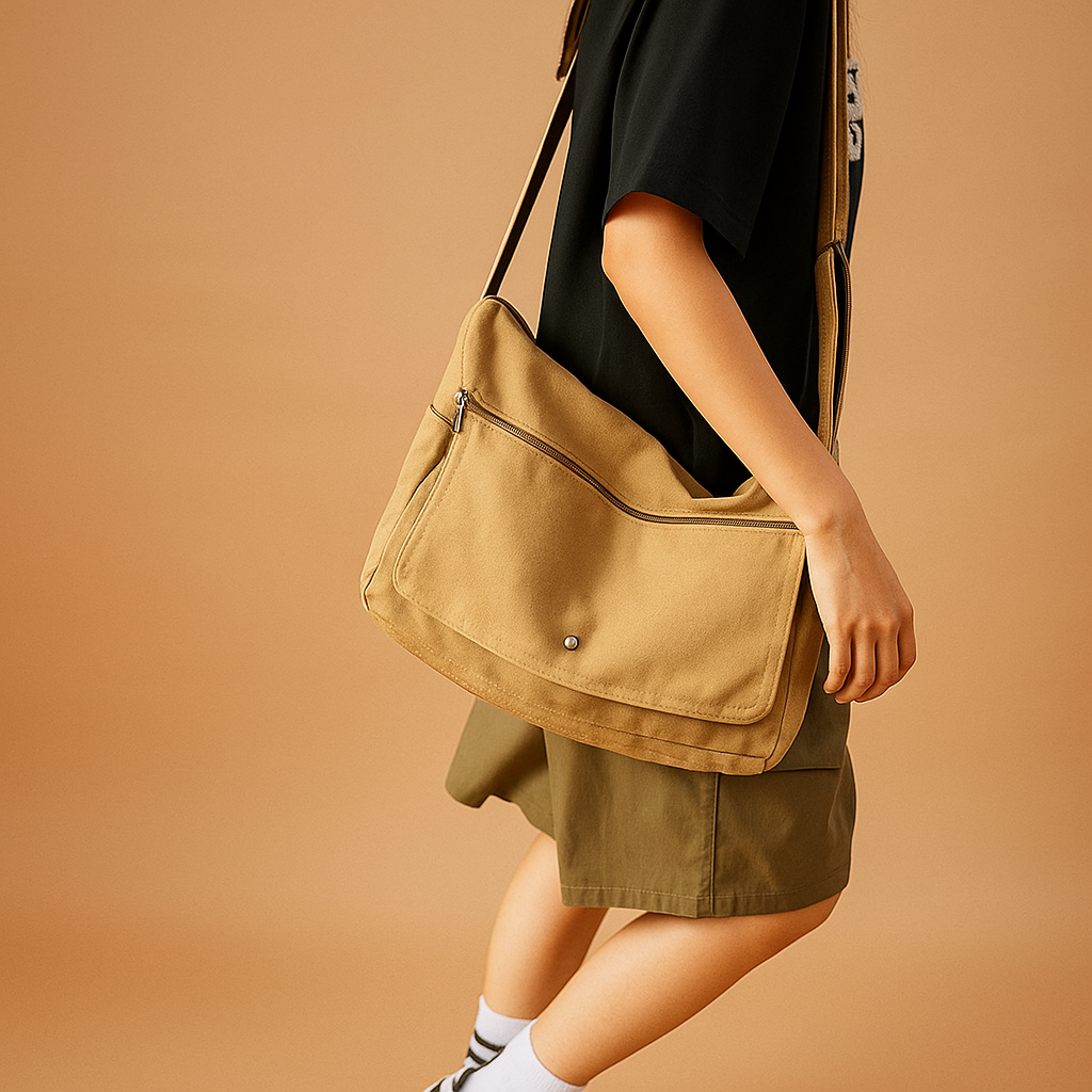 Canvas shoulder bag for women with roomy main compartment, outer pocket, and adjustable strap—ideal for work, travel, or daily use.
