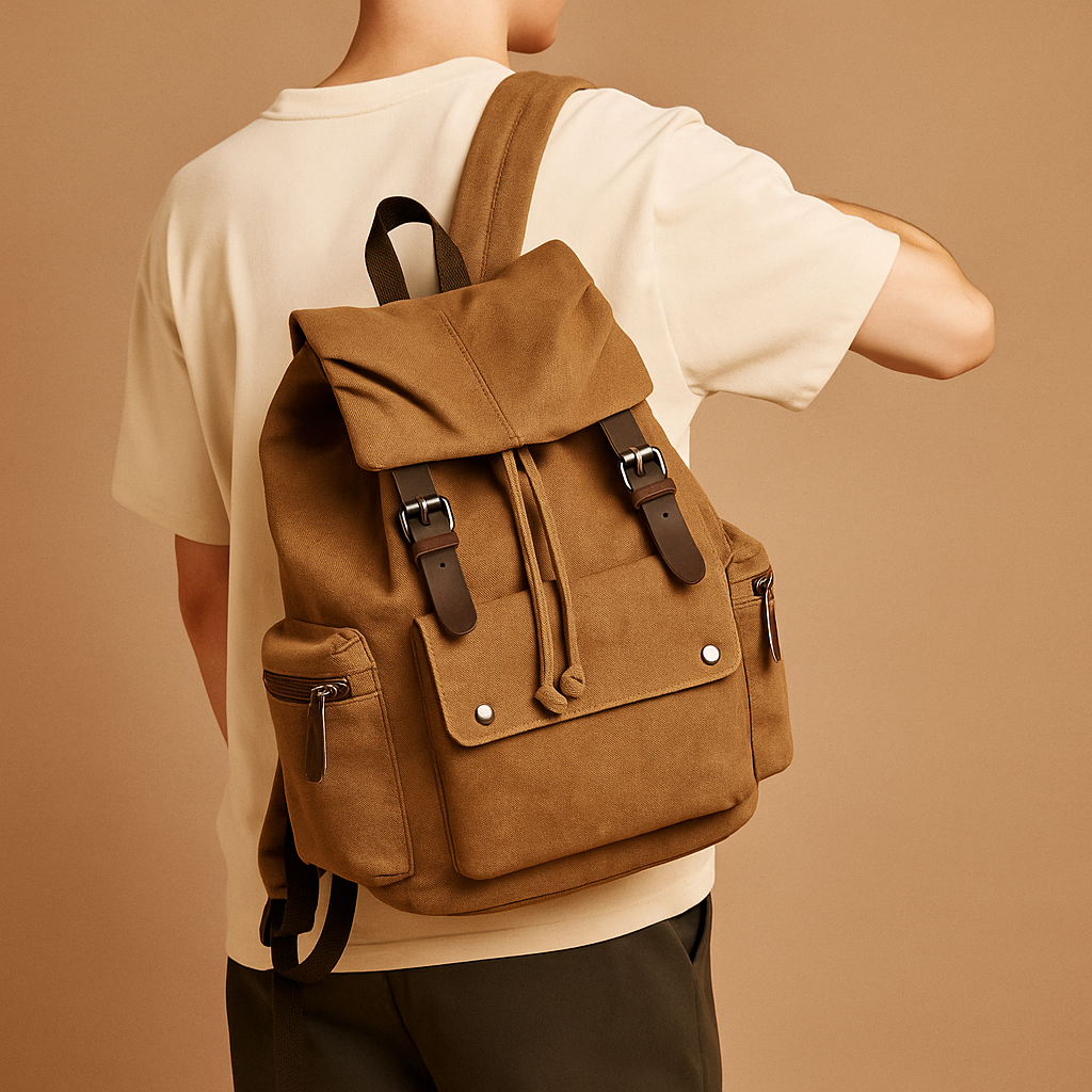 Men’s canvas travel backpack with padded laptop sleeve, drawstring closure, and multiple compartments, perfect for commuting and adventures.