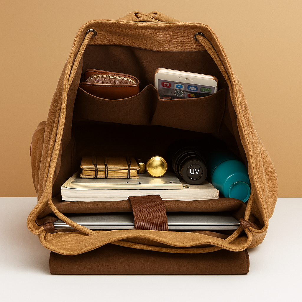 Men’s canvas travel backpack with padded laptop sleeve, drawstring closure, and multiple compartments, perfect for commuting and adventures.