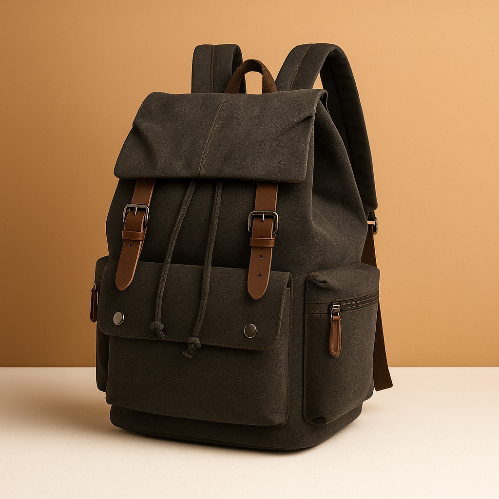 Men’s canvas travel backpack with padded laptop sleeve, drawstring closure, and multiple compartments, perfect for commuting and adventures.