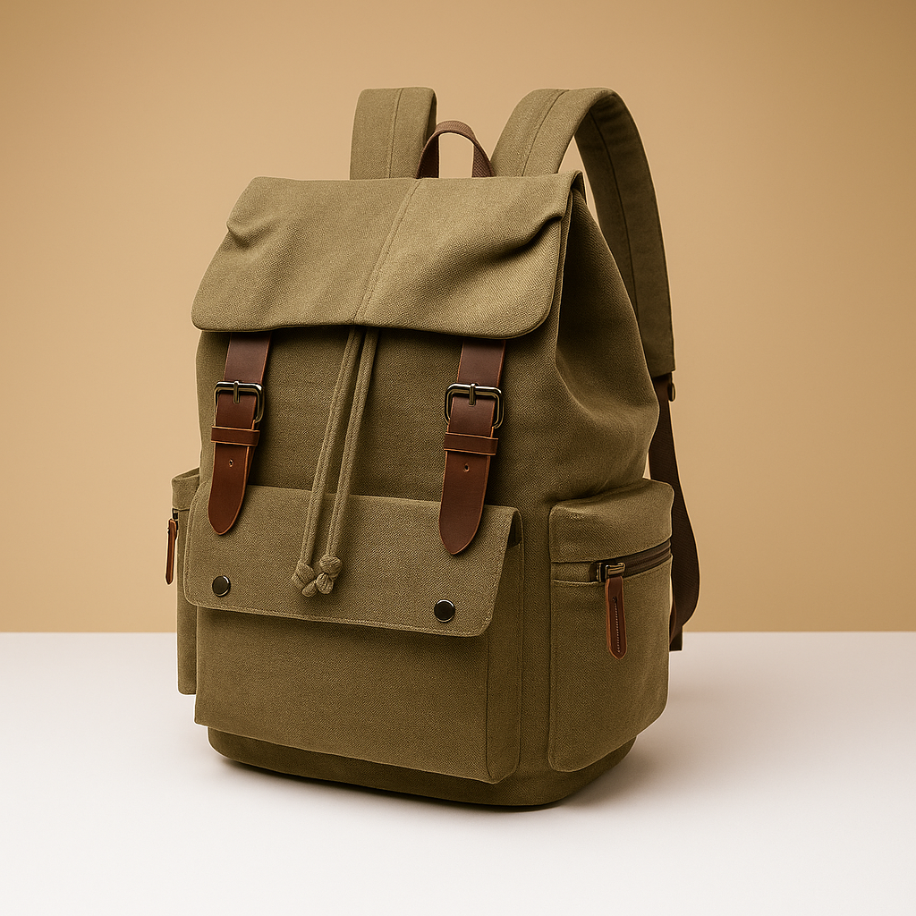 Men’s canvas travel backpack with padded laptop sleeve, drawstring closure, and multiple compartments, perfect for commuting and adventures.