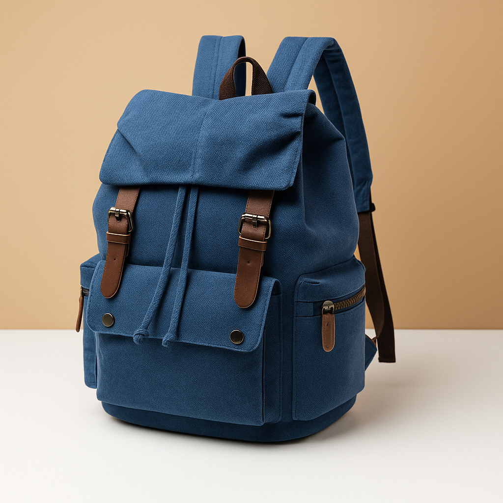 Men’s canvas travel backpack with padded laptop sleeve, drawstring closure, and multiple compartments, perfect for commuting and adventures.