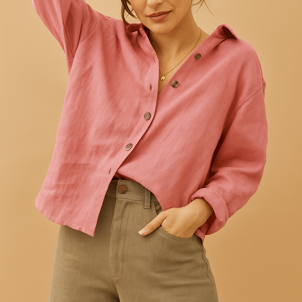 Casual long sleeve cotton blouse for women with soft fabric and feminine fit, available in five elegant colors.