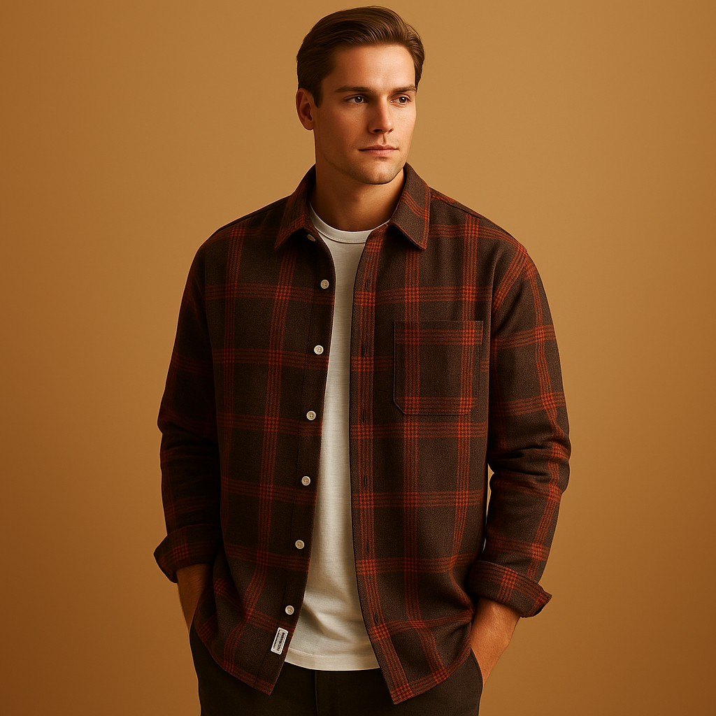 Men’s casual plaid button-up shirt with classic fold-down collar and comfortable fit, perfect for casual days and informal gatherings.