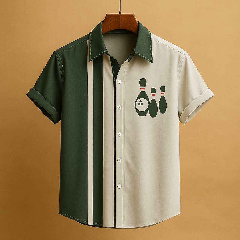 Men’s casual polo shirt with bowling print and breathable fit, available in blue, green, black, yellow/olive, and light blue.