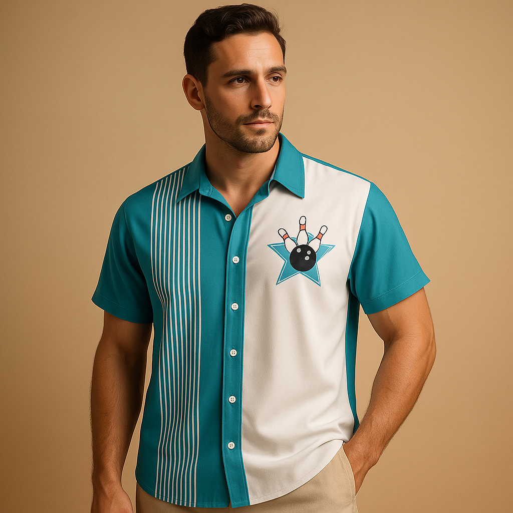 Men’s casual polo shirt with bowling print and breathable fit, available in blue, green, black, yellow/olive, and light blue.