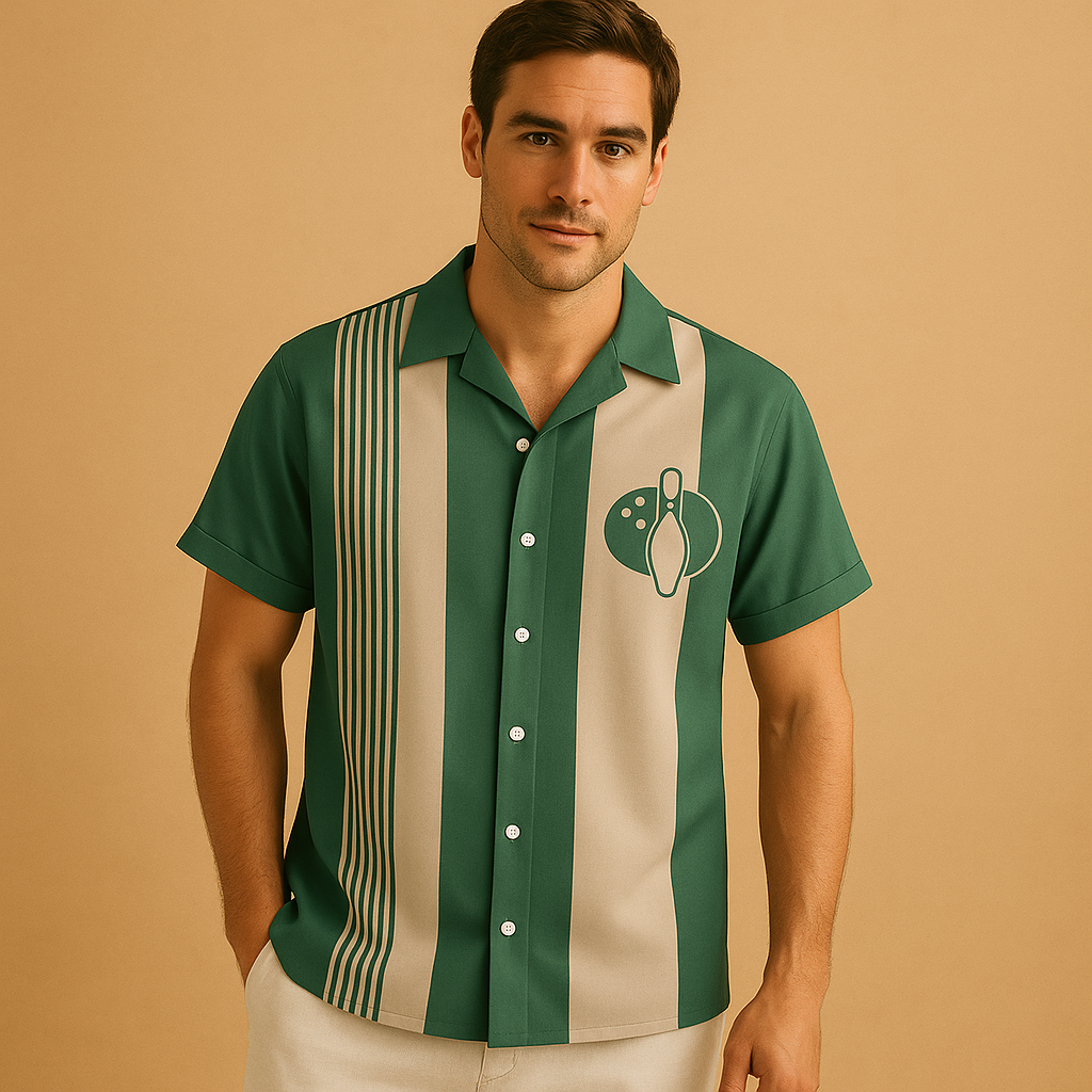 Men’s casual polo shirt with bowling print and breathable fit, available in blue, green, black, yellow/olive, and light blue.