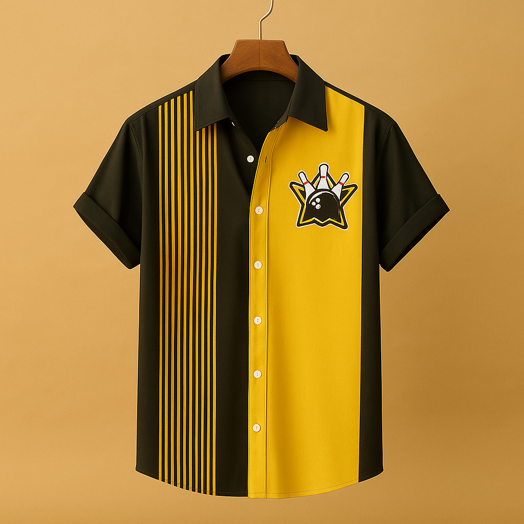 Men’s casual polo shirt with bowling print and breathable fit, available in blue, green, black, yellow/olive, and light blue.