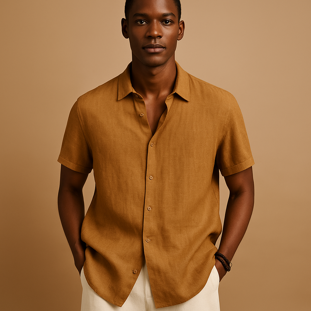 Casual short sleeve summer shirt for men with a classic collar and solid color design, ideal for holidays, beach walks, and casual outings.