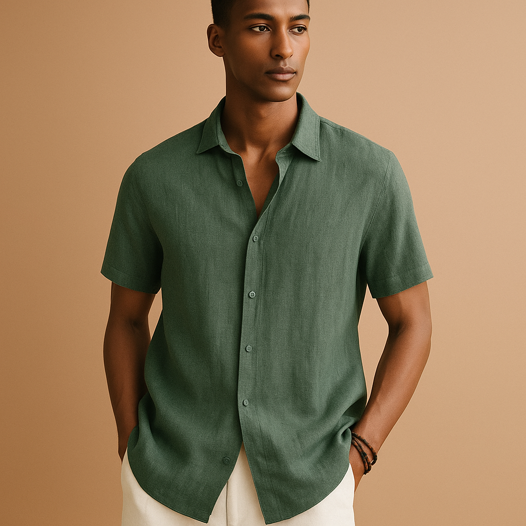 Casual short sleeve summer shirt for men with a classic collar and solid color design, ideal for holidays, beach walks, and casual outings.