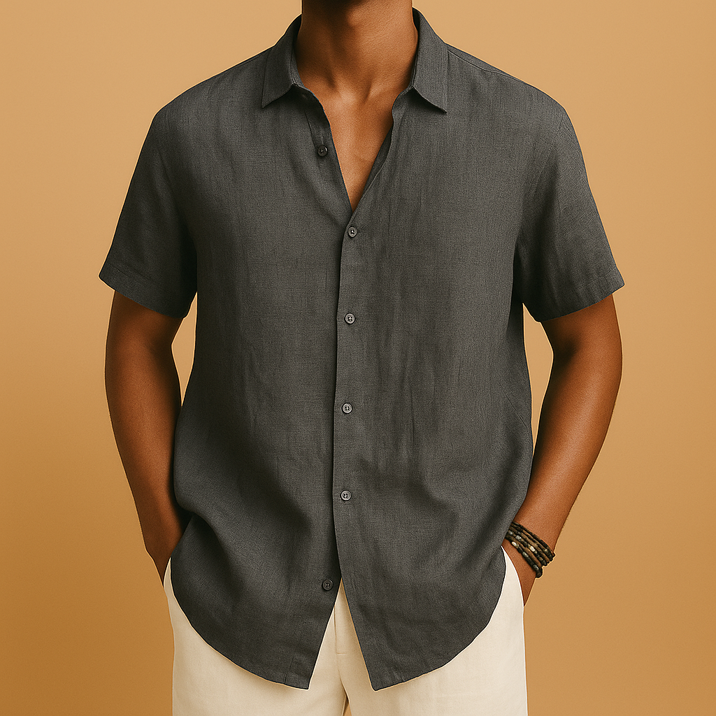 Casual short sleeve summer shirt for men with a classic collar and solid color design, ideal for holidays, beach walks, and casual outings.