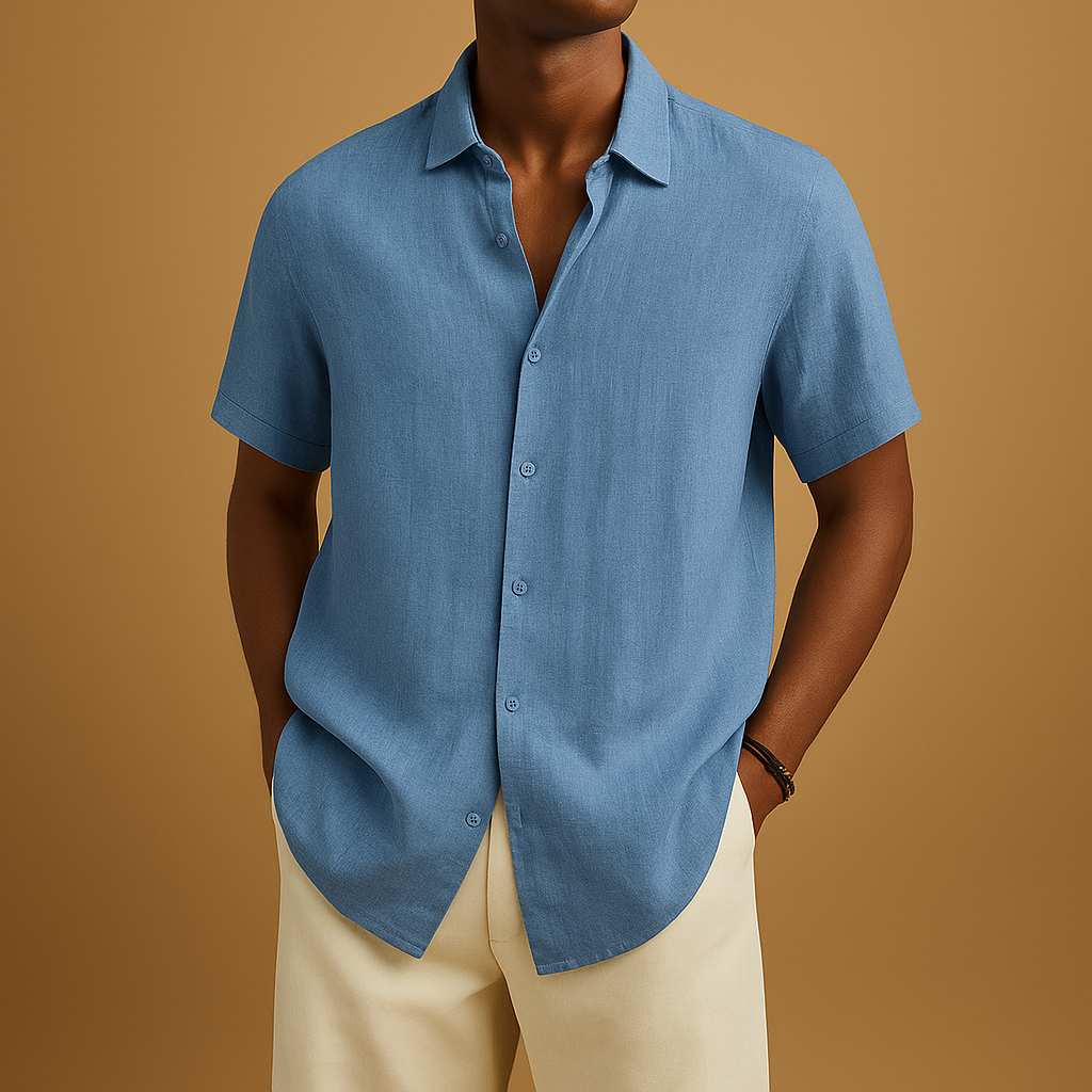 Casual short sleeve summer shirt for men with a classic collar and solid color design, ideal for holidays, beach walks, and casual outings.