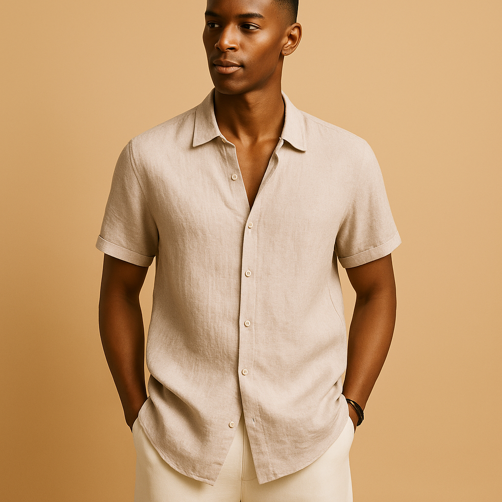 Casual short sleeve summer shirt for men with a classic collar and solid color design, ideal for holidays, beach walks, and casual outings.