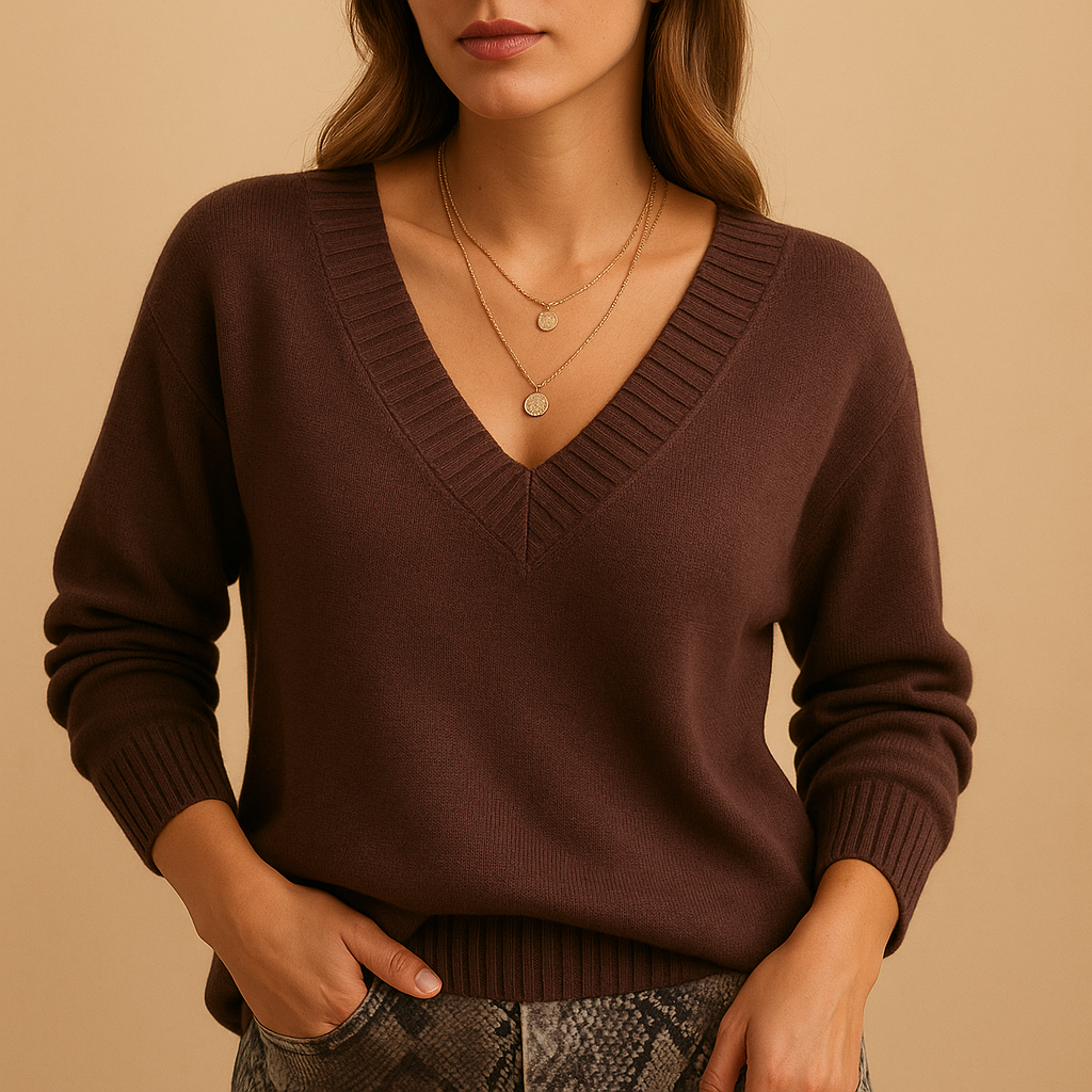 Casual v-neck knitted sweater for women with relaxed fit and textured pattern, ideal for autumn and winter layering.