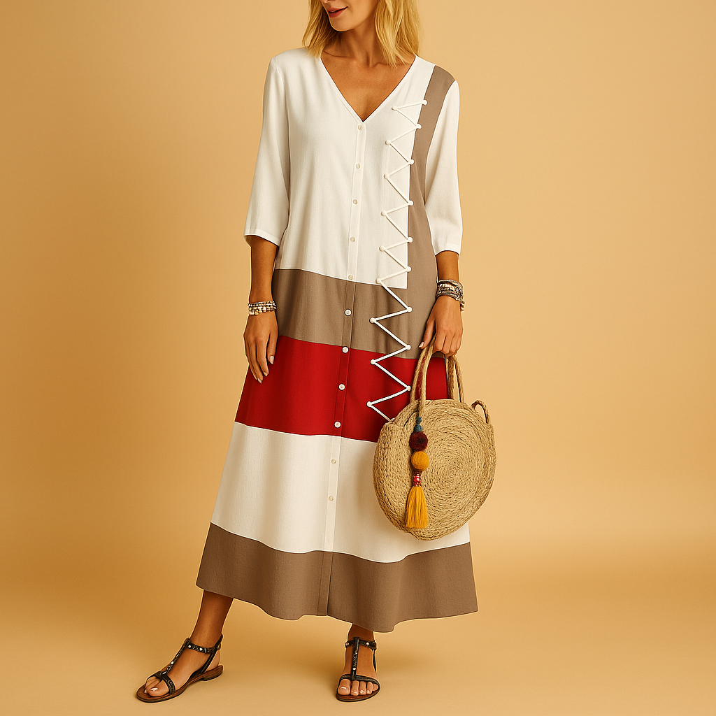 Casual midi dress for women with mid-length sleeves, zig-zag stitching, and button-down front, ideal for daily wear and relaxed outings.