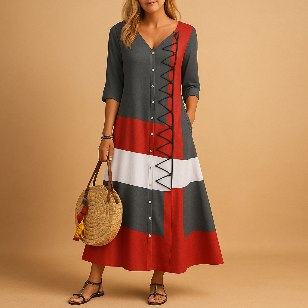Casual midi dress for women with mid-length sleeves, zig-zag stitching, and button-down front, ideal for daily wear and relaxed outings.