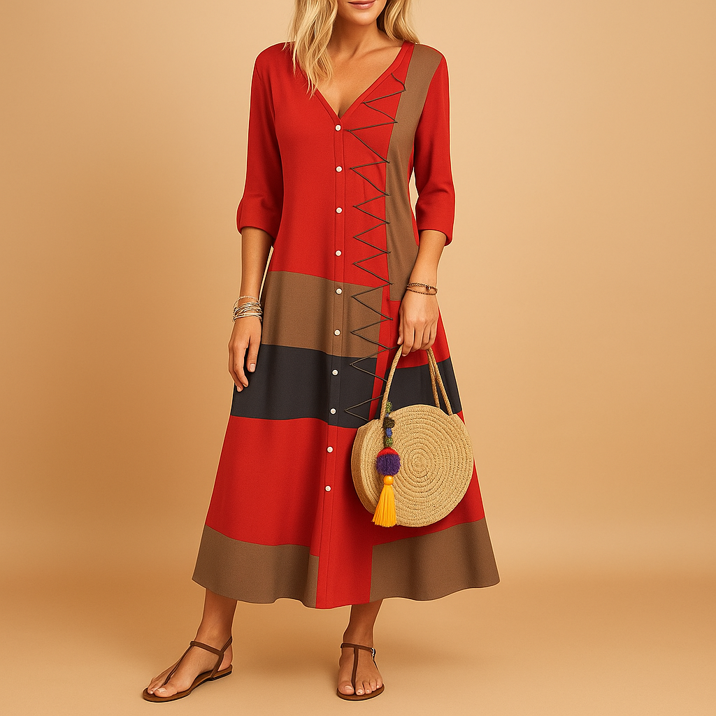 Casual midi dress for women with mid-length sleeves, zig-zag stitching, and button-down front, ideal for daily wear and relaxed outings.