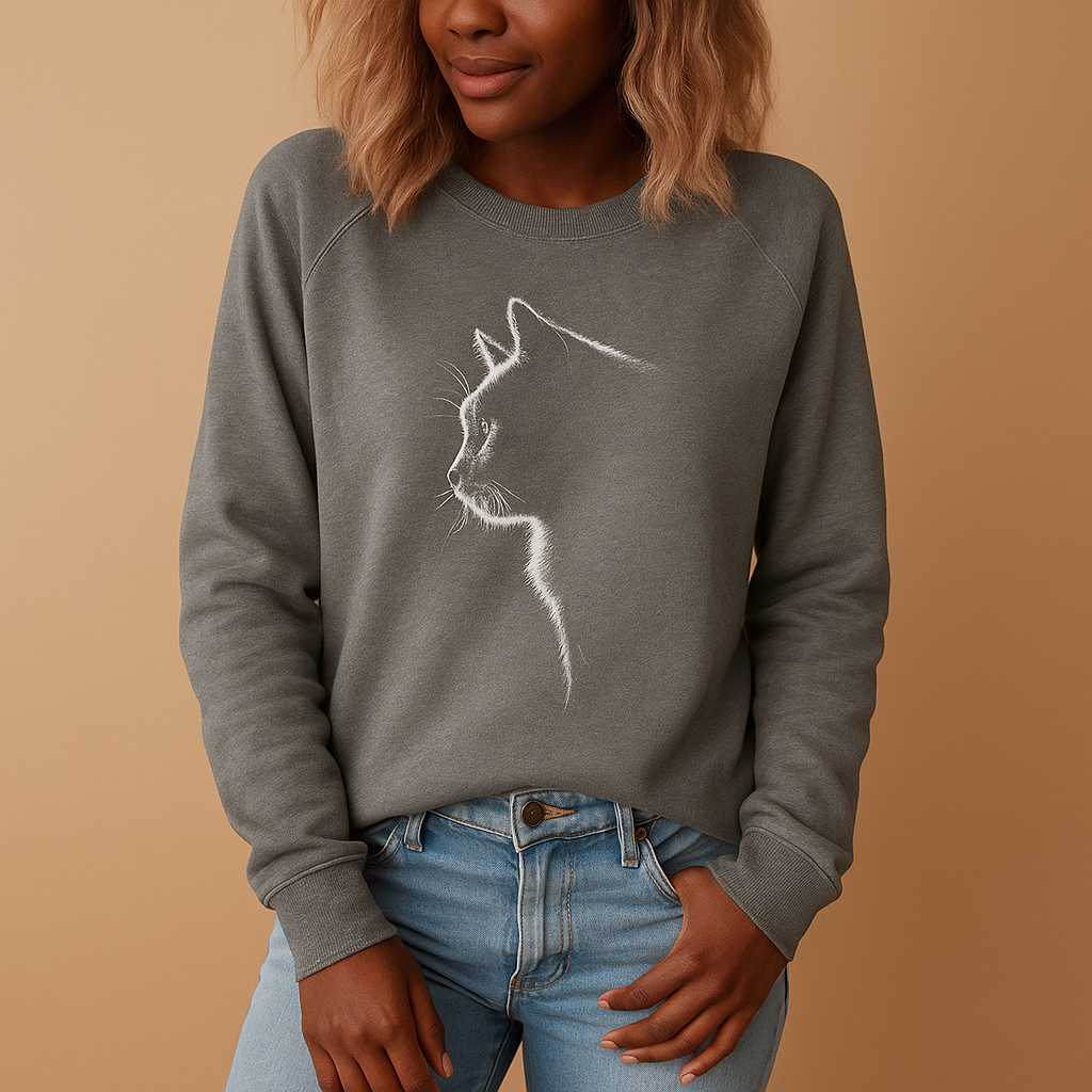 Women’s sweater with playful cat print, soft cotton blend fabric, relaxed fit, and available in stylish casual colors for everyday wear.