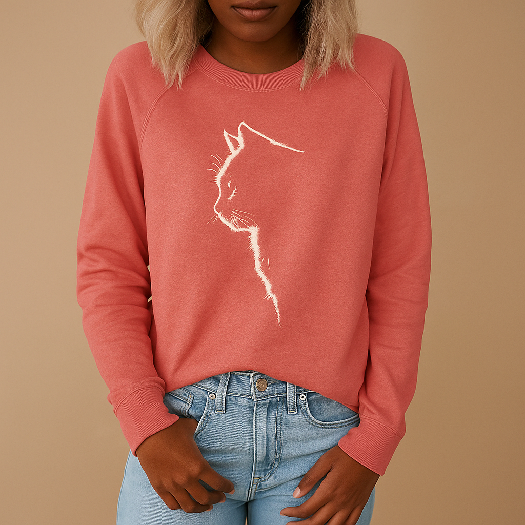 Women’s sweater with playful cat print, soft cotton blend fabric, relaxed fit, and available in stylish casual colors for everyday wear.