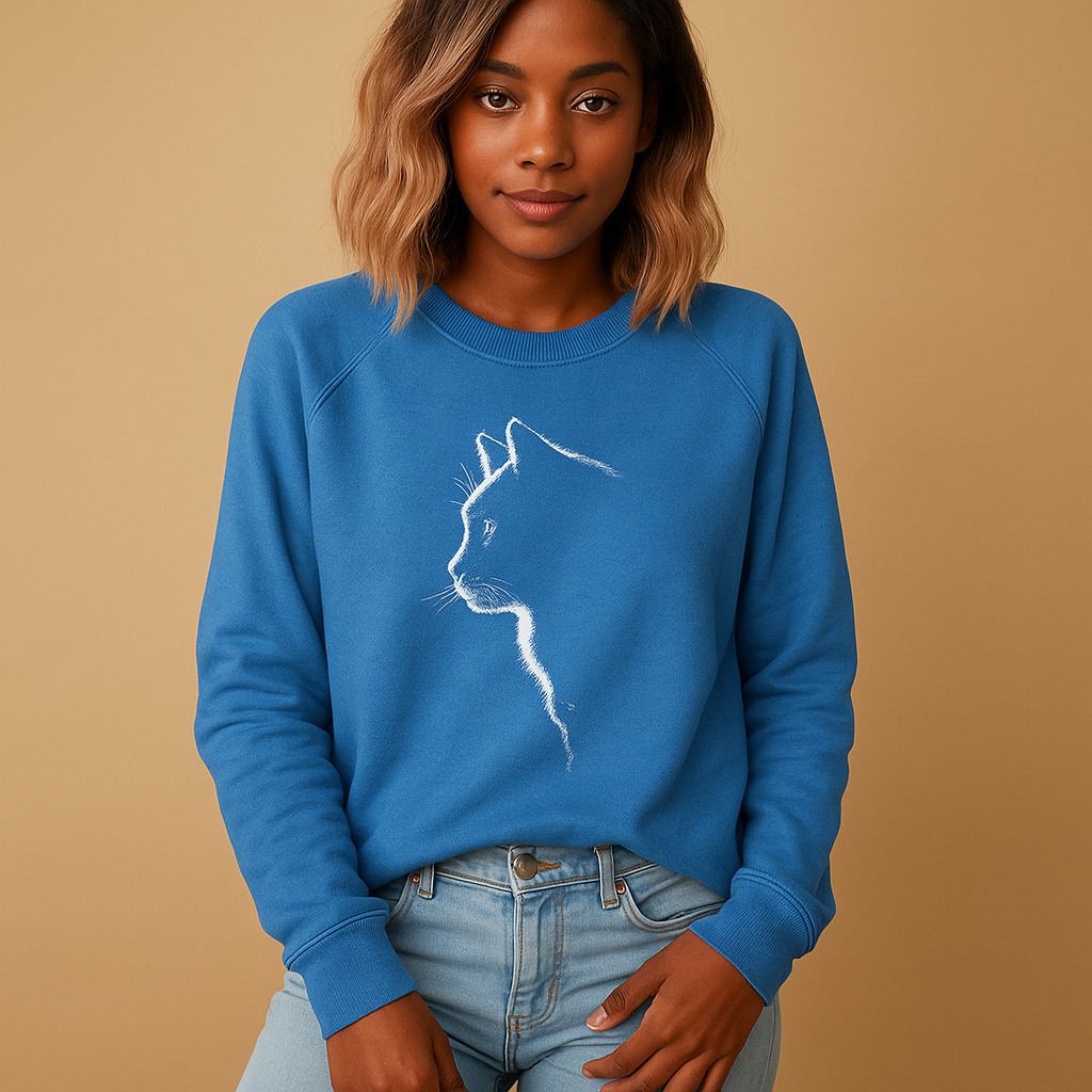 Women’s sweater with playful cat print, soft cotton blend fabric, relaxed fit, and available in stylish casual colors for everyday wear.
