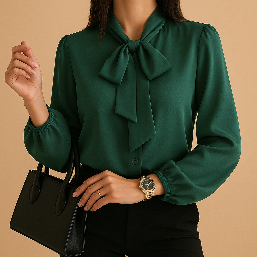 Elegant women’s blouse with bow-tie neck and loose fit, perfect for office wear, dinners, and casual occasions.