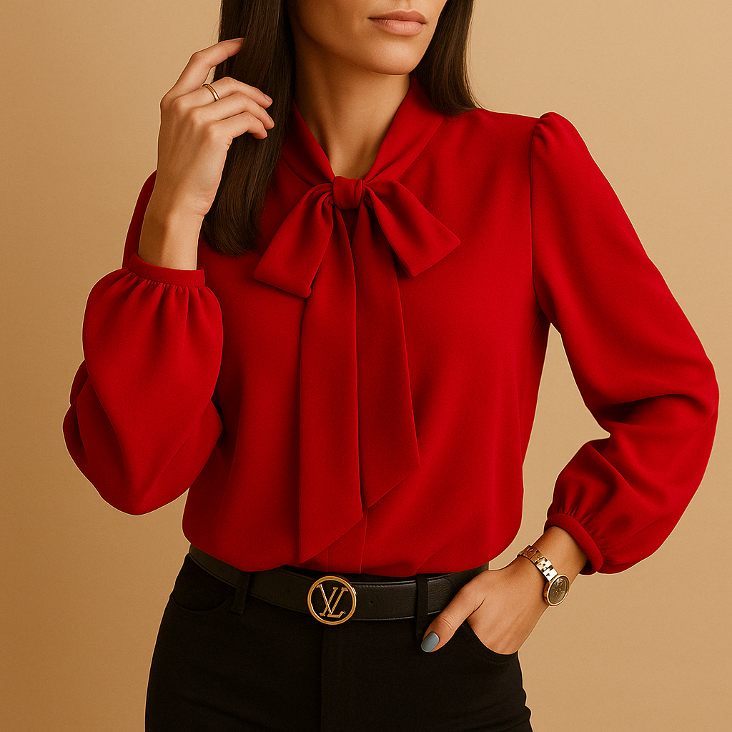 Elegant women’s blouse with bow-tie neck and loose fit, perfect for office wear, dinners, and casual occasions.