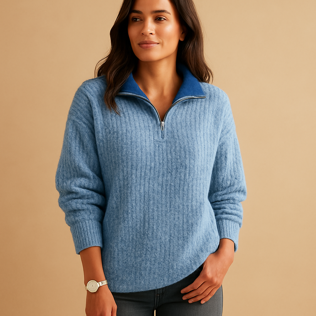 Women’s half-zip sweater in khaki, grey, blue, and black, featuring a minimalist design with breathable fabric for casual and smart styling.