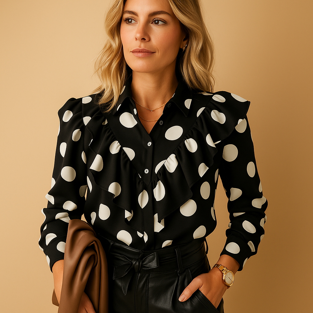 Chic V-neck blouse for women with subtle ruffles and lightly tailored fit, perfect for elegant casual or formal outfits.