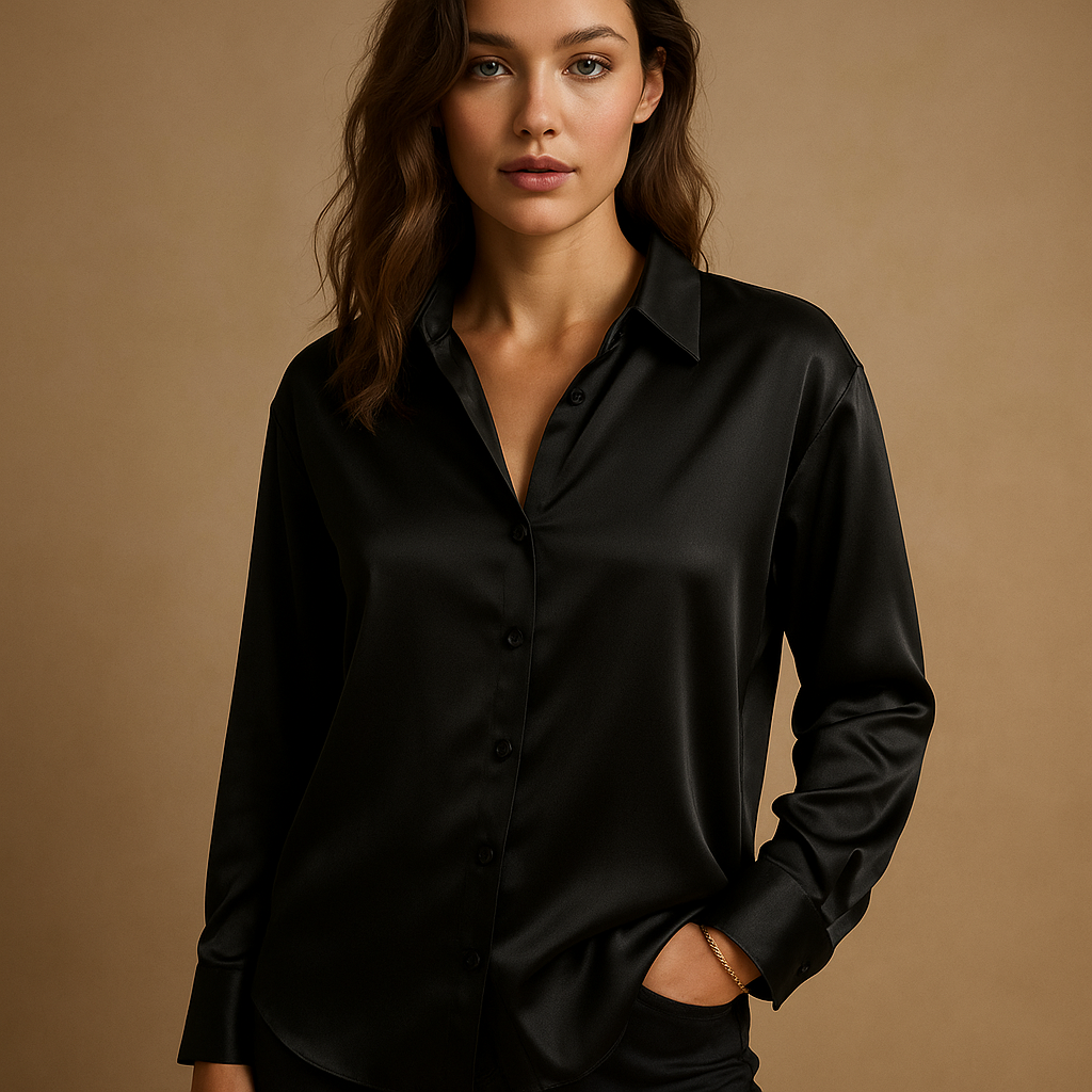 Elegant women’s V-neck blouse with collar and button closure, ideal for work, formal events, or stylish everyday outfits.