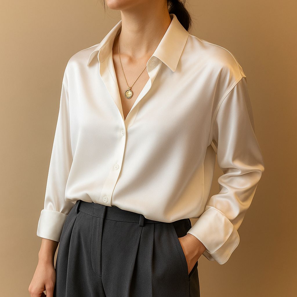 Elegant women’s V-neck blouse with collar and button closure, ideal for work, formal events, or stylish everyday outfits.