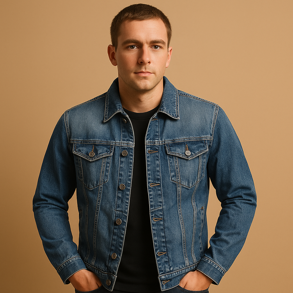 Men’s classic denim jacket in deep blue wash, perfect for casual looks and everyday wear.