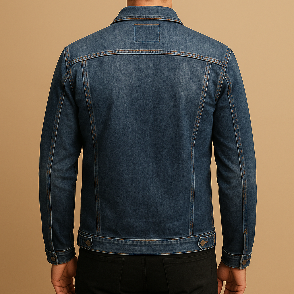 Men’s classic denim jacket in deep blue wash, perfect for casual looks and everyday wear.