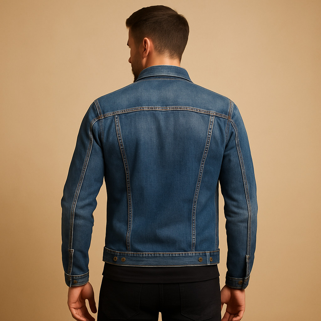 Men’s classic denim jacket in blue with button closure and front pockets, durable and stylish for casual wear and everyday outfits.