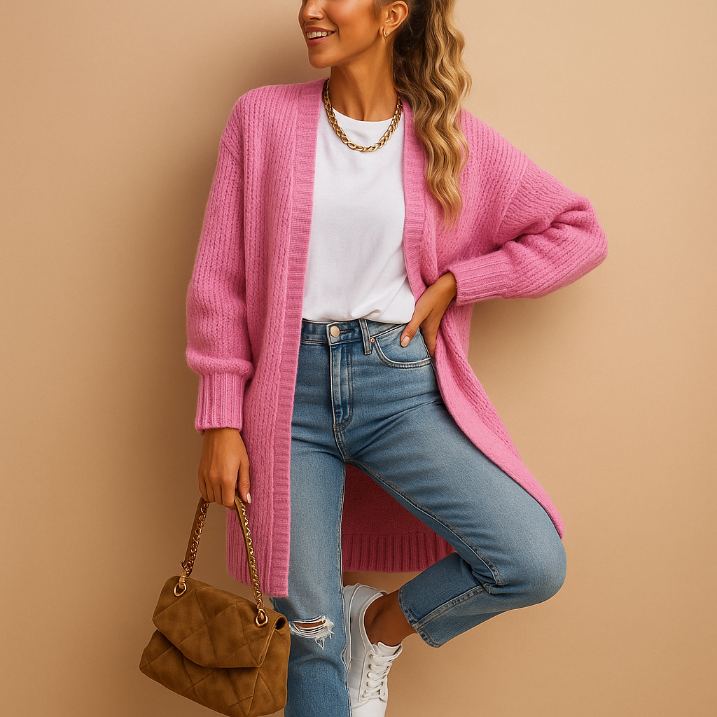 Classic knit cardigan for women with relaxed fit and long sleeves, perfect for winter and everyday layering.