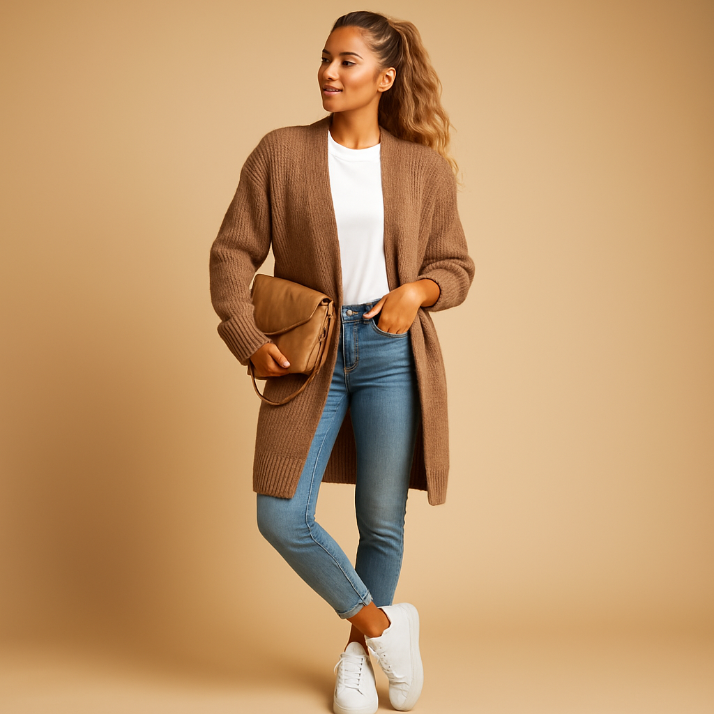 Classic knit cardigan for women with relaxed fit and long sleeves, perfect for winter and everyday layering.