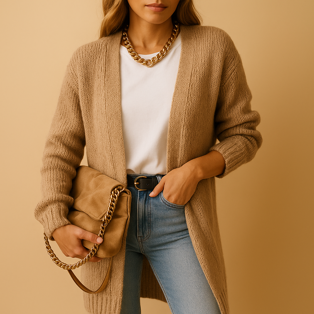 Classic knit cardigan for women with relaxed fit and long sleeves, perfect for winter and everyday layering.