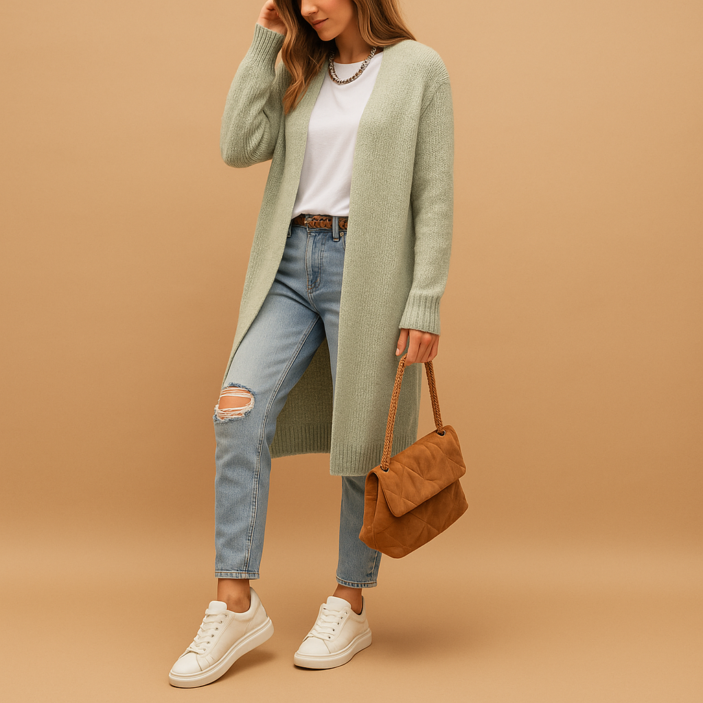 Classic knit cardigan for women with relaxed fit and long sleeves, perfect for winter and everyday layering.