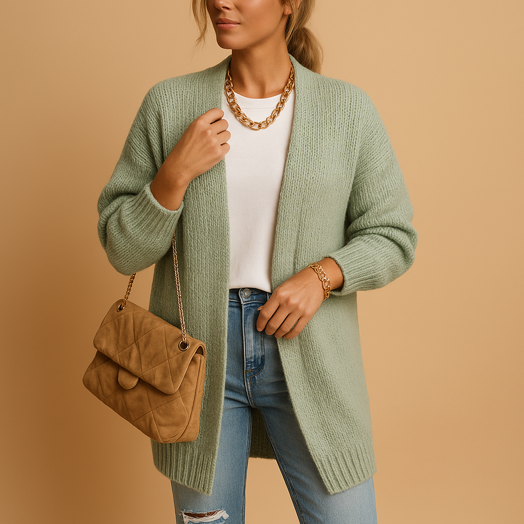 Classic knit cardigan for women with relaxed fit and long sleeves, perfect for winter and everyday layering.