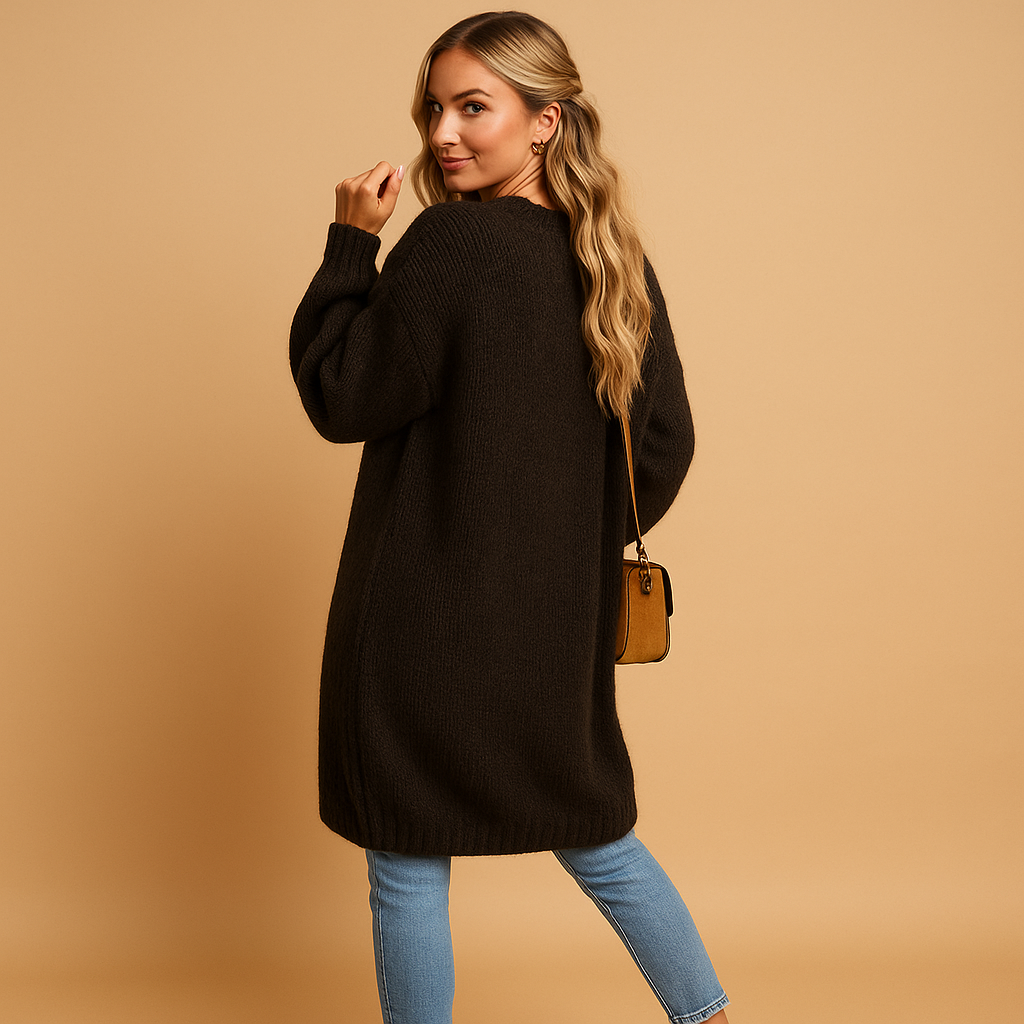 Classic knit cardigan for women with relaxed fit and long sleeves, perfect for winter and everyday layering.