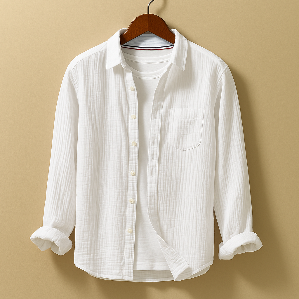 Men’s classic long sleeve button-down shirt with breathable fabric and slim fit, available in neutral and modern colours, perfect for casual or formal occasions.