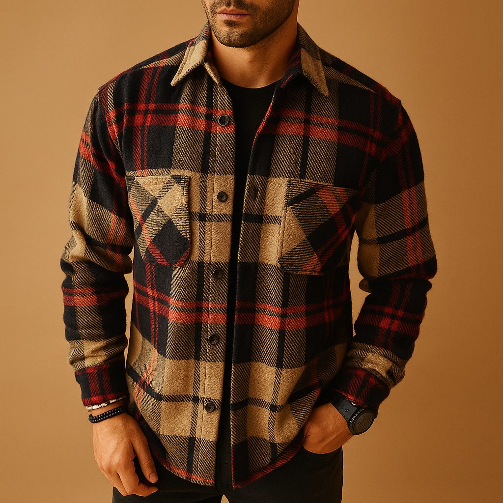Men’s classic long sleeve shirt with breathable lightweight fabric, available in green, red, white, khaki, and black.