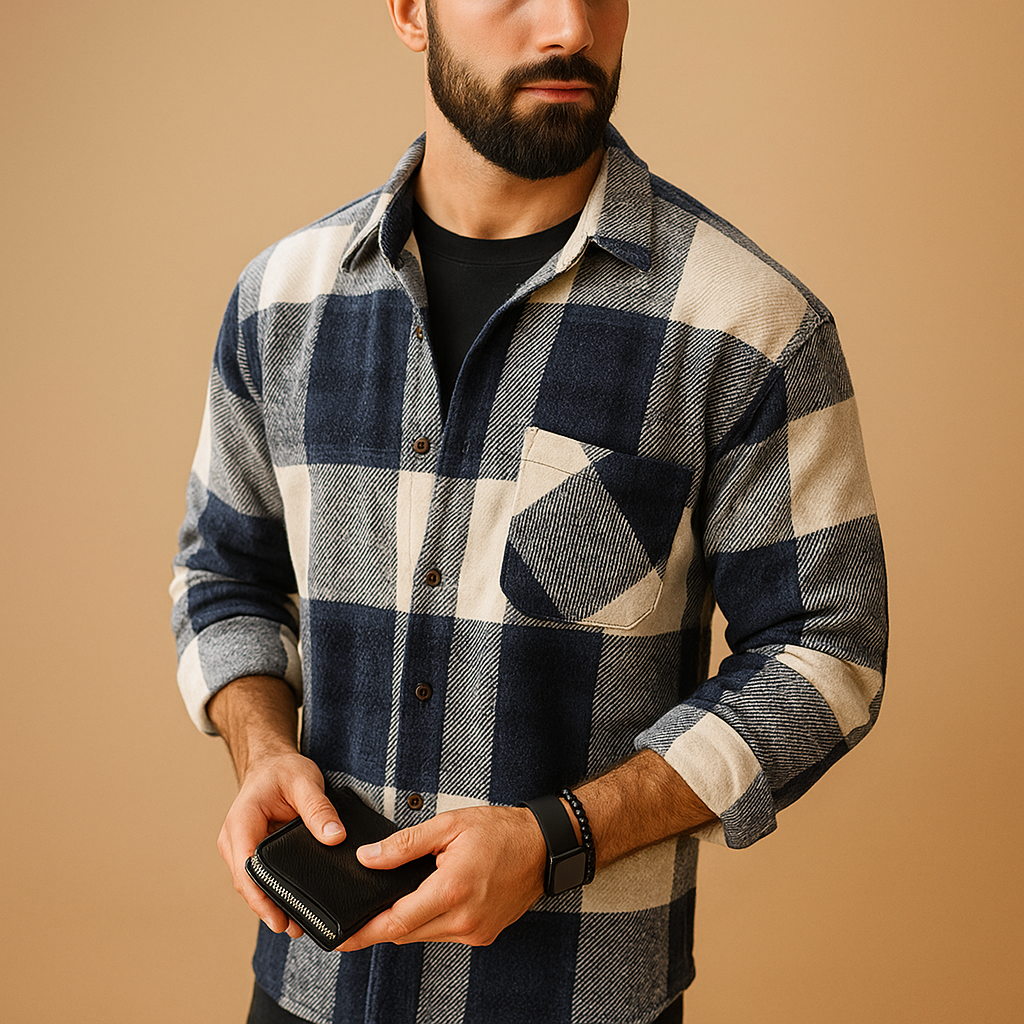Men’s classic long sleeve shirt with breathable lightweight fabric, available in green, red, white, khaki, and black.