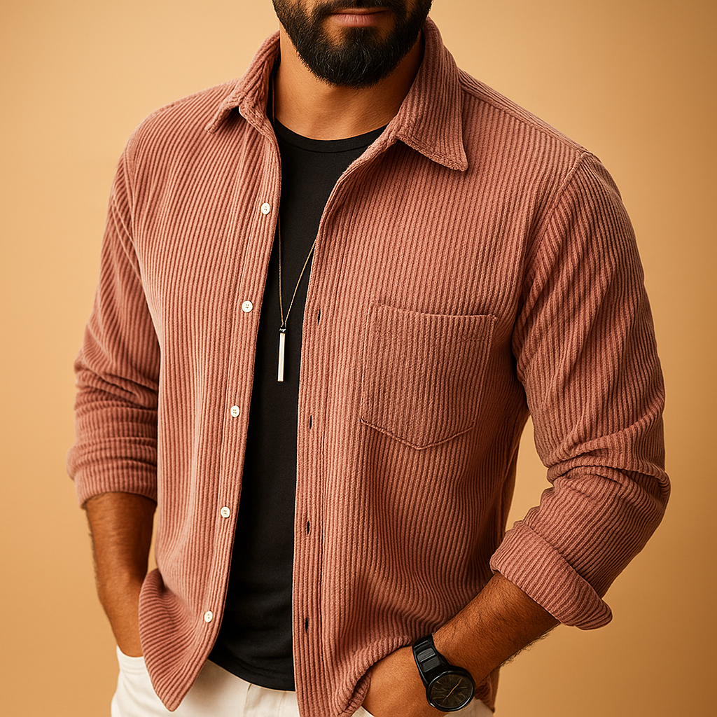 Men’s classic long sleeve shirt with breathable lightweight fabric, available in green, red, white, khaki, and black.